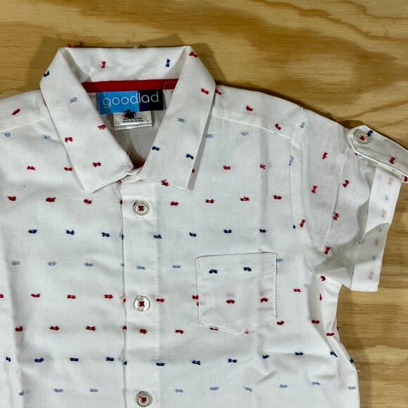 Goodlad Boys White Short Sleeve Button Shirt Red Blue Mini Print Size 4T Summer - Picture 3 of 9